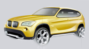 
Dessin de 3/4 avant du concept car BMW X1 Concept. On reconnat les optiques avant volues de la dernire BMW Srie 7, ainsi que les flancs trs creuss du concept car final.

 