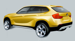 
Dessin de 3/4 arrière du BMW X1 Concept. La fin des surfaces vitrées et les feux arrière sont typique de l'univers BMW.

 